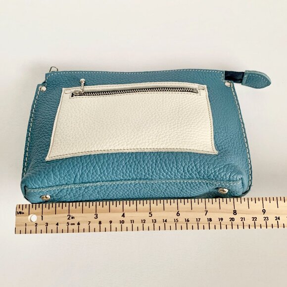 Roots Leather Zipper Clutch Purse Travel Mini Bag Blue White Vacation Boho Chic - Picture 8 of 15